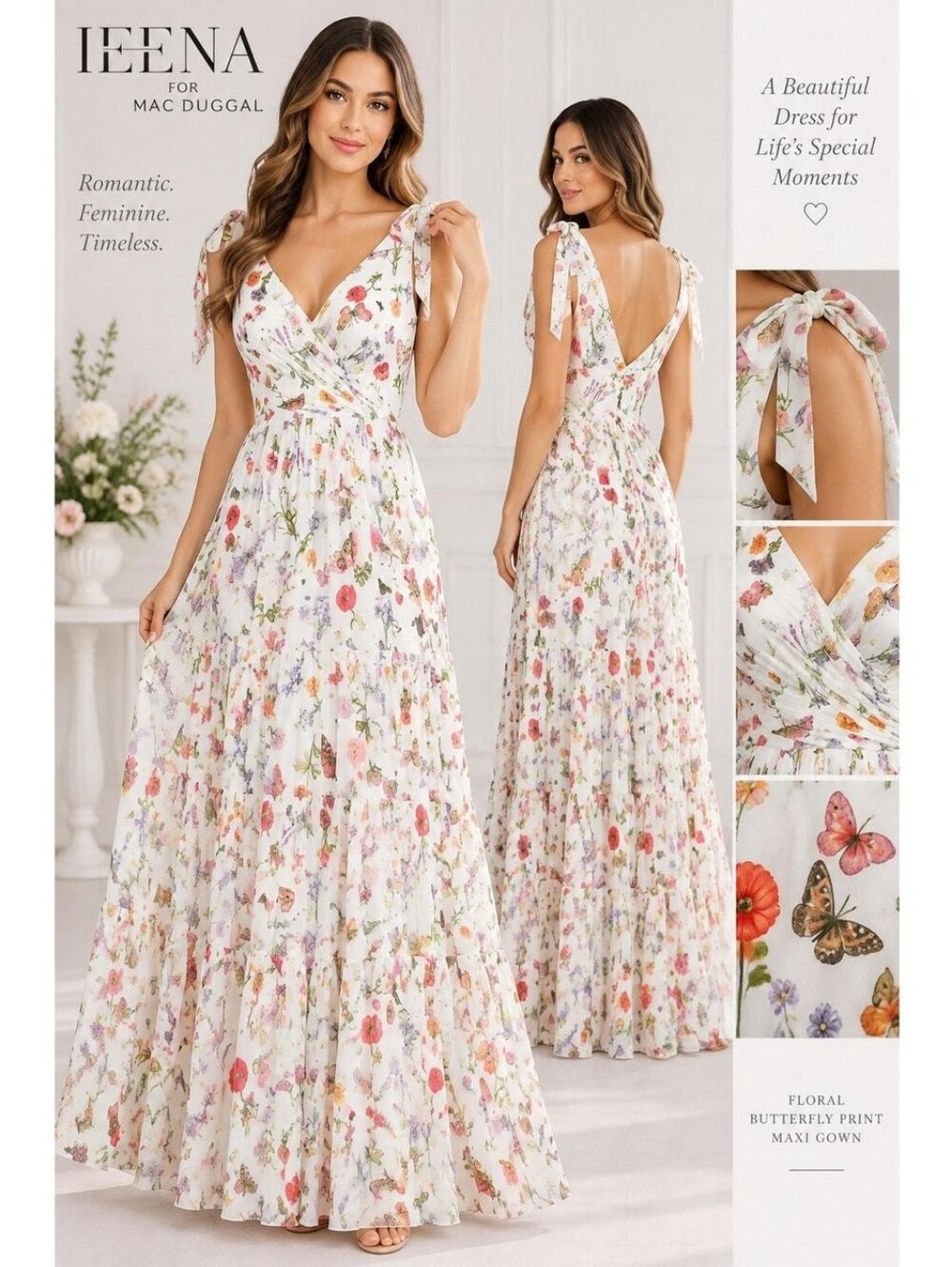 NEW Mac Duggal Floral Butterfly Tiered Maxi Gown Tie Shoulder Gown Size 0